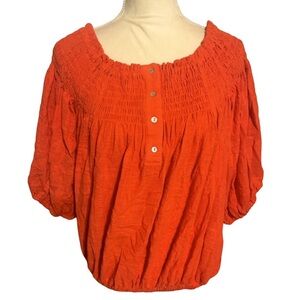 GiGiO Boho Smocked Off Shoulder Peasant Top Poppy Red Orange